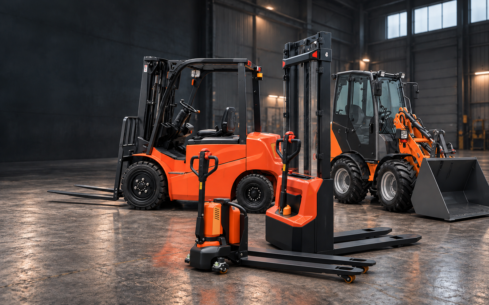Carrello elevatore, transpallet, sollevatore e pala gommata compatta in un magazzino industriale